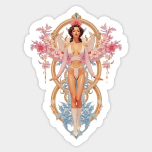 Celestial Pinup A Modern Venus Framed by Baroque Florals Sticker